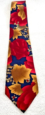 Hermosa corbata de colección de los años 90 John Henry seda azul marino otoño arte floral 3,5" w Foto 1 de 3