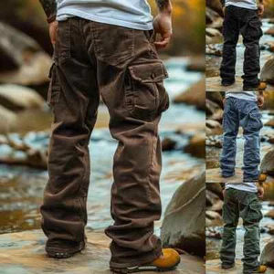 Pantaloni da uomo larghi multitasche in velluto a coste pantaloni cargo casual combattimento joggers US - Foto 1 di 26