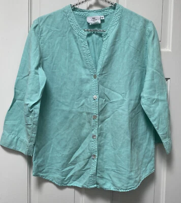 Hot Cotton S linen blouse top Button Down 3/4 Sleeve Aqua V-neck - Image 1 of 3