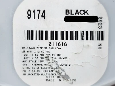 Cable de antena coaxial inalámbrico Alpha Wire 9174 26awg RG-174/U negro/50 pies Foto 1 de 4