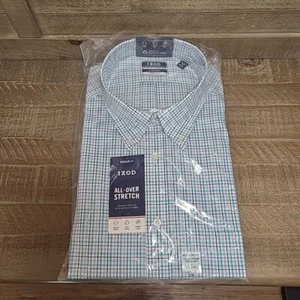 IZOD Dress Shirt Mens 2XL Reg 18-18.5 Button LS 34-35 Pocket Stretch Plaid Aqua - Picture 1 of 10