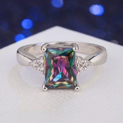 Emerald Cut Colorful  OILSPILL  Mystic Topaz Party Cocktail Ring 925  Size 10 - Image 1 of 4