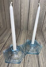 Pair of L.E. SMITH Aqua Blue Glass Candlestick Holders Vintage 5.5” x 5.5”