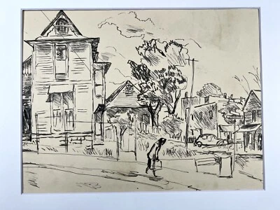 Depression Era 墨水绘画农村城镇女式步行复古素描布鲁斯·米切尔 — 第 1/4 张图片