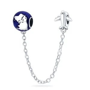 Plane Globe Travel Safety Chain Charm Genuine Sterling Silver 925 World Bead - Picture 1 of 2