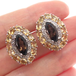 925 Sterling Silver Real Diamond Yellow Topaz & Smoky Quartz Omega Back Earrings - Picture 1 of 8