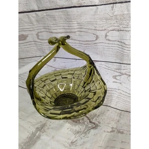 Vintage MCM Green Basket Weave Embossed Glass Basket Unique Handle 5.75"h - Picture 1 of 11