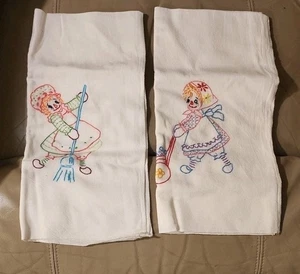 NEW Vintage Cotton Kitchen Tea Towels Hand-Embroidered Raggedy Ann Girl Retro - Picture 1 of 10