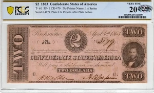 T-61 PF-1 1863 $2 Confederate Paper Money - PCGS-B Very Fine 20 - PLUS - Picture 1 of 2