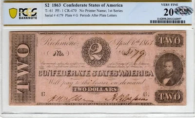 T-61 PF-1 1863 $2 Confederate Paper Money - PCGS-B Very Fine 20 - PLUS - Image 1 of 2