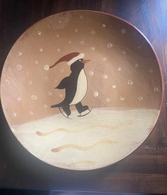 Eldreth Pottery Redware 10”D CHRISTMAS PENGUIN Bowl Platter 2006 EUC - image 1 of 4