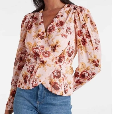 Blusa Express Estampado Floral Imitación Envoltura Frontal Peplum Rosa Malva Para Mujer XL Foto 1 de 4