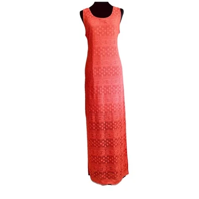 Maxi Vestido Crochet Coral Forrado Sin Mangas con Doble Aberturas Laterales -Talla Grande  Foto 1 de 4