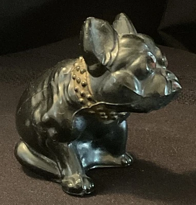 Винтажный Tiffin атласное черное стекло ар-деко французский бульдог с золотыми заклепками воротник - Изображение 1 из 4