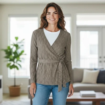 J Jill Brown Stretch Belted Wrap Jacket Size Large classic Cozy Fall Lagenlook  - Image 1 of 4