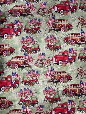 Susan Winget Red Trucks & Wagons USA Flag Cotton Fabric CP67533 44" x 1 7/8 yds - Image 1 of 4