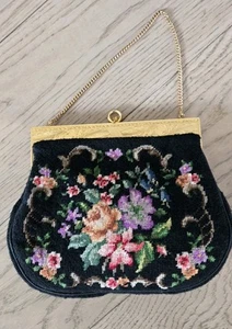 Borsa vintage anni 60 fatta a mano punto ago cornice oro colorata floreale nera, NOS - Foto 1 di 5