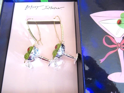 Pendientes colgantes Betsey Johnson auténticos Martini plata vidrio nuevos en caja Foto 1 de 4