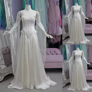 Vintage Chiffon Wedding Dresses with Cape 3/4 Sleeve Lace Applique Bridal Gown - Picture 1 of 12