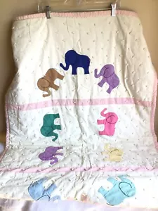 Vintage Handmade Cotton Feedsack Pink Cream Elephant Baby Girl Blanket Quilt - Picture 1 of 11