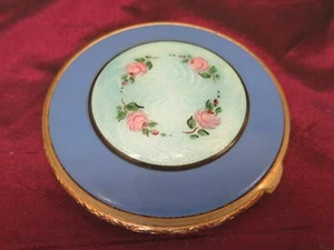 Antique French Enameled GUILLOCHE & gold filled ladies compact 2 5/8" - Picture 1 of 9