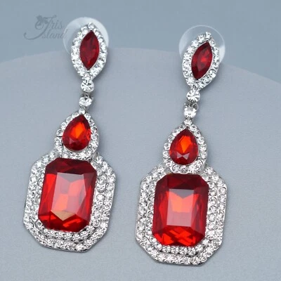 Pendientes colgantes mujer cristal rojo estrás enchapado en plata graduación concurso boda Foto 1 de 4