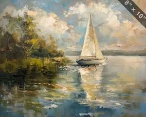 Pintura al óleo Un velero en un lago impresión 8x10 - Imagen 1 de 1