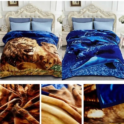 Manta de cama gruesa reversible estilo coreano 2 capas delfín león estampado tiro reina Foto 1 de 4