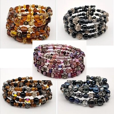 Lot of 5 Handmade Beaded Memory Wire Wrap Bracelets 2" Diameter Bracelet Cuffs - Image 1 of 4