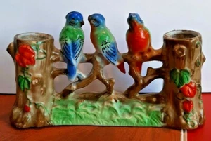 VINTAGE JAPAN 3 BIRDS ON A FENCE HAND PAINTED CERAMIC DOUBLE BUD VASE PRE-WAR - Picture 1 of 6