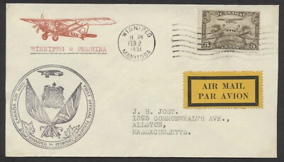 Cubierta de vuelo 1931 Winnipeg MAN a Pembina ND #C1 ilustración de avión AAMC #3105 Foto 1 de 2