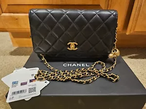 Authentic CHANEL Black Gold Ball Pearl Crush Wallet On Chain Flap Bag; New NWT - Picture 1 of 8