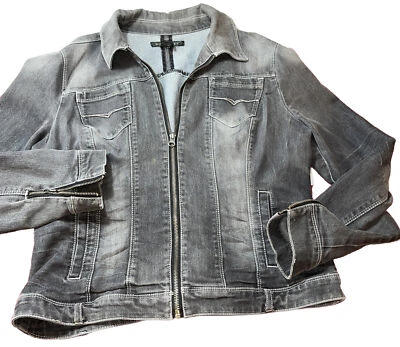 L BACCINI GRAY JEAN jacket stretchy Denim Cropped Zip Up Zip Cuff Moto Faded LRG - Image 1 of 4