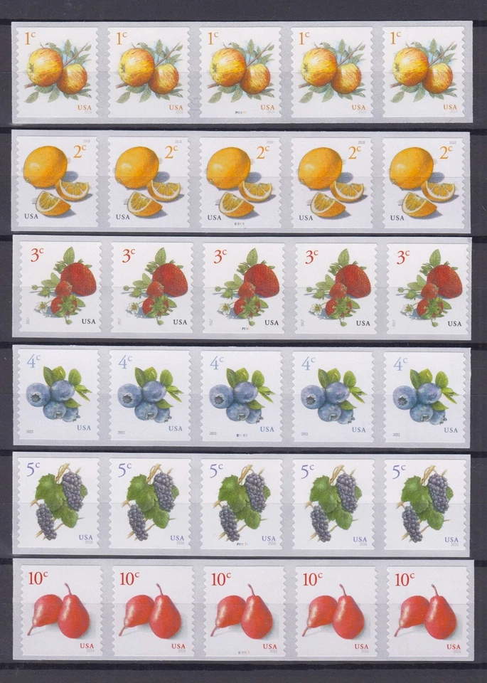 US Postage - PNC - 6 Fruit coil strips of 5; Apple, Lemon, Blueberry, Pear, etc. - Image 1 of 1
