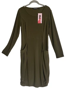 NINA LEONARD Slouchy Lagenlook Pleated Comfy Pocket Jersey Dress Olive Green M - Picture 1 of 11