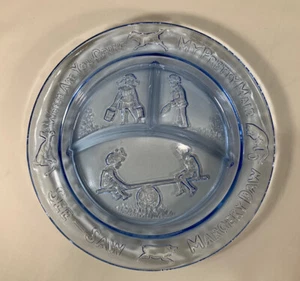 Vintage Tiara Blue Glass Nursery Rhyme / See Saw Child's Divided Plate Margery - Picture 1 of 8