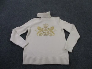 Ralph Lauren Sweater Womens M White Turtleneck Sequin Lion Logo Preppy Pullover - Picture 1 of 10