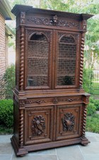 Antique French Oak Barley Twist Black Forest Gothic Bookcase Hunt Cabinet Fish
