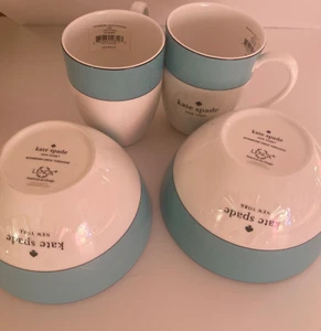 Kate Spade Rutherford Circle Turquoise Set of 2 Cereal Soup Bowls & 2 Mugs - Picture 1 of 9