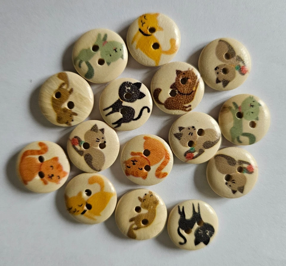 15 Cat Patterned Buttons Two Hole Round Wooden Size 15mm - Image 1 of 1