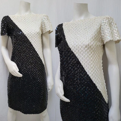 Vestido Vintage Años 60 Negro Marfil Color Bloque Mod Lentejuelas - Talla S/M - Usado en Excelente Condición Foto 1 de 4