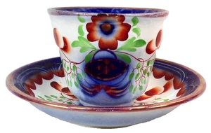 Gaudy Welsh Seeing Eye Cup & Saucer Ironstone Handleless Poppy Flow Blue Antique - Picture 1 of 16