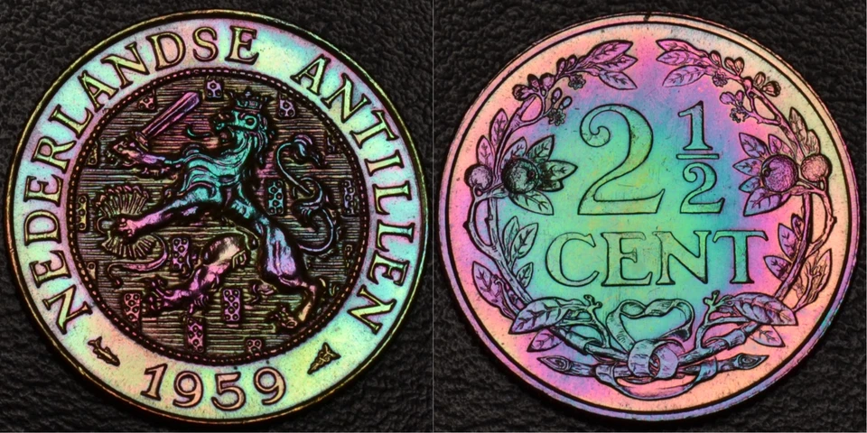 UNC 1959 Netherlands Antilles 2 1/2 Cent rainbow toning *ONLY 1M MINTED* (50-72) - Image 1 of 3