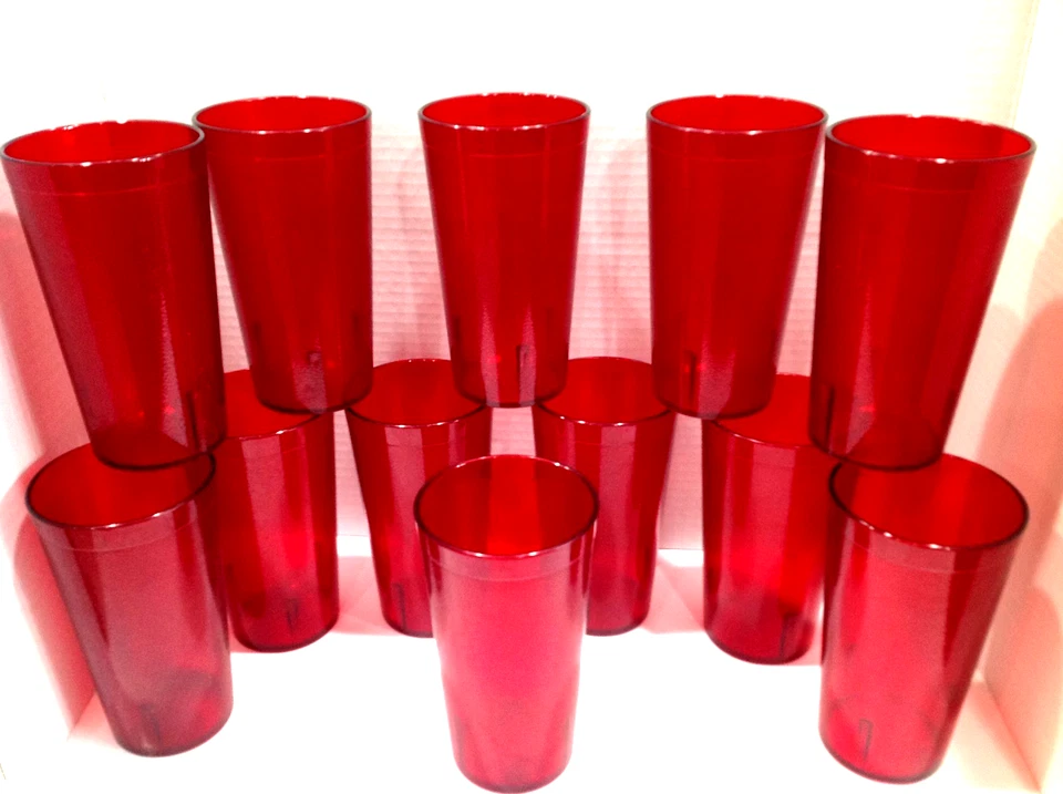 NEW RESTAURANT PLASTIC STACKING GLASSES RUBY RED PEBBLED TUMBLERS LOT OF 12 - Image 1 of 3