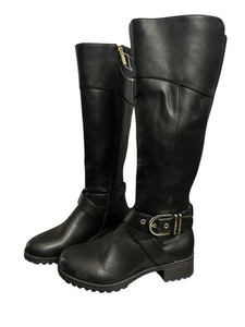 NEW! Tommy Hilfiger Forg2 Women’s Tall Riding Boots Gold Buckle Winter Black 6 M - Picture 1 of 10