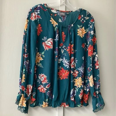 Blusa de mezclilla Soho New York & Company para mujer talla pequeña manga larga azul Foto 1 de 4