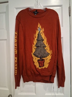 Volcom Men’s Christmas Sweater LED Lights Tree Fire Graphic Medium Red - Image 1 of 4