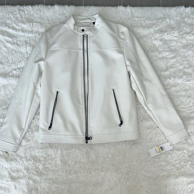 Calvin Klein Men's White Faux Leather Motorcycle Jacket Medium (Orig. $225.00!) - Image 1 of 4
