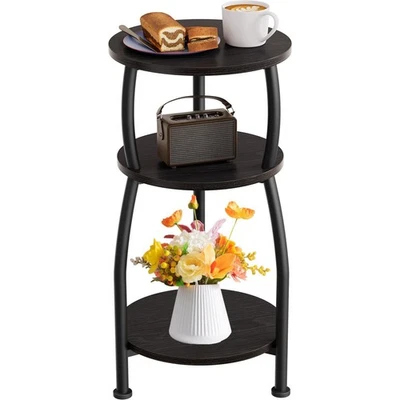 Small Round Side Table, 3-Tier Rustic Wood & Metal Nightstand,Room Storage Shelf - Image 1 of 4