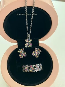 TOUS Silver Colorful Stones Necklace Bear Cute Elegant Accessories set - Picture 1 of 12